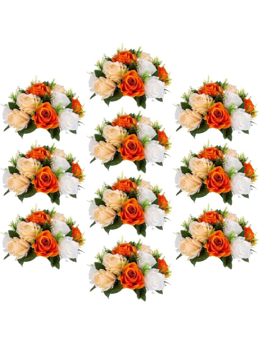 Vibrant Orange Silk Roses Ball - 10 Pcs Faux Flowers for Home Centerpiece Decor
